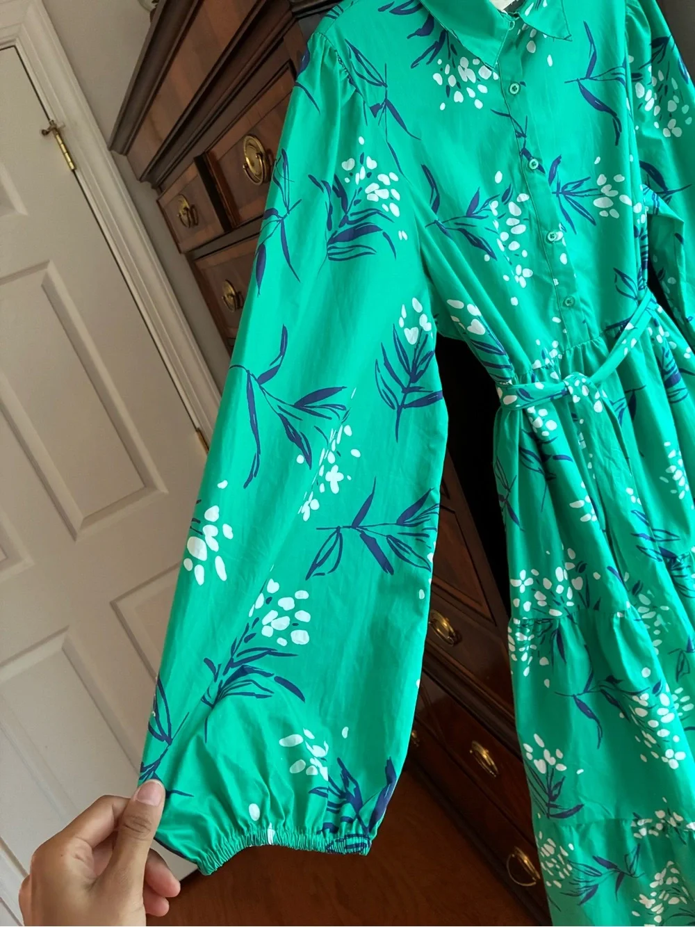 Fantastic Fawn Melinda Teal Floral Midi Dress 100% Cotton Belted Shirt Dress L - Picture 6 of 11